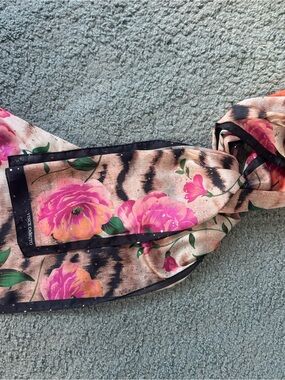 Vince Camuto Pink Floral and Black Tiger-Stripe Silk Scarf